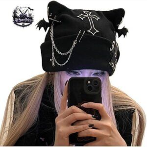 Knitted Cat Ear Beanie with Metal Rings, One Size Fits Most, Y2K Goth Style